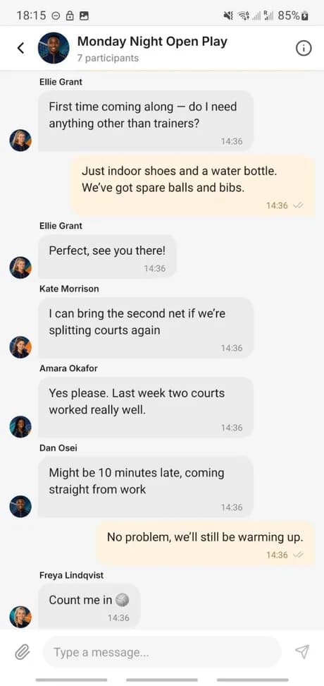 A group conversation in the Spike app between club members arranging a session