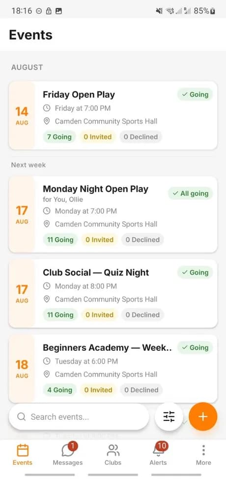 The Spike app listing upcoming events with dates, venues and who is going