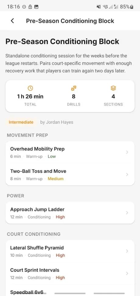 A training plan in the Spike app broken into warm-up, power and conditioning blocks