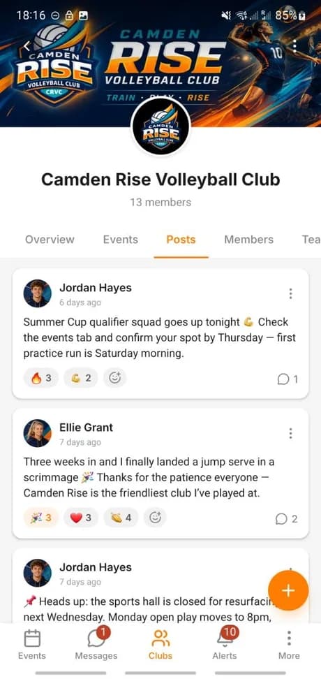 A club feed in the Spike app with posts from members, reactions and comments