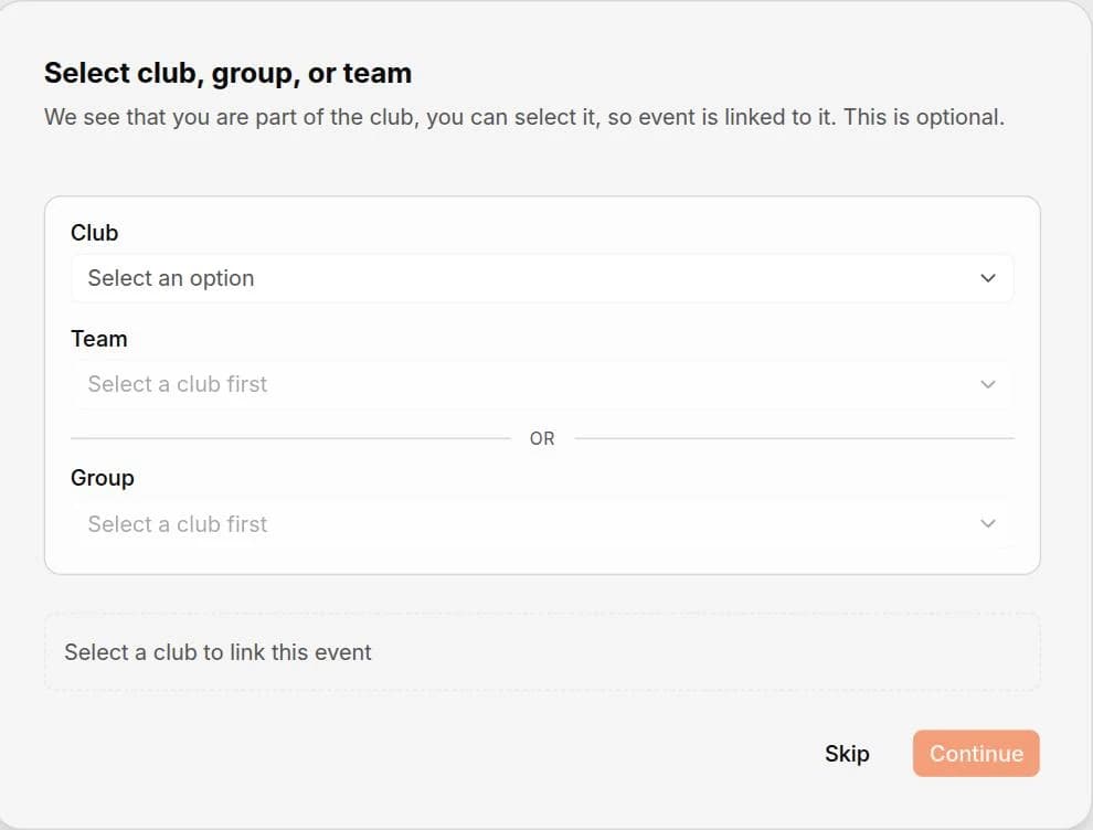 The first step of creating an event in Spike — choosing the club, and then a team or a group within it, to link the event to