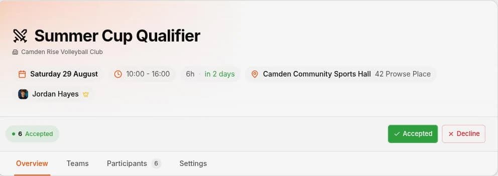 An event in Spike — Summer Cup Qualifier at Camden Rise Volleyball Club, showing the date, start and end time, duration, venue with address, the organiser, six people accepted, and accept or decline buttons