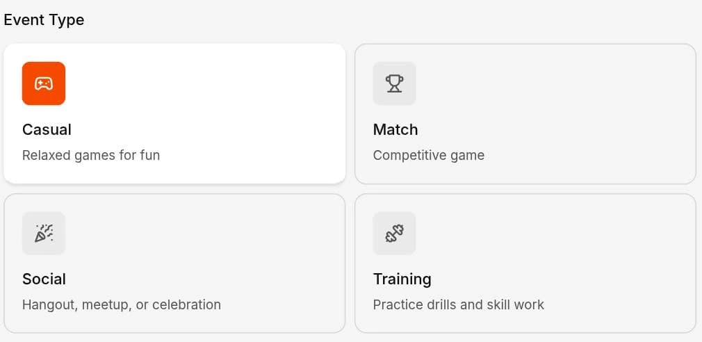 Choosing an event type in Spike — four cards: Casual for relaxed games, Match for a competitive game, Social for a hangout or celebration, and Training for practice drills and skill work