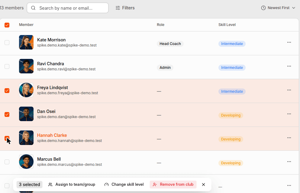 A club members list with three members selected and a bar offering assign to team, change skill level and remove