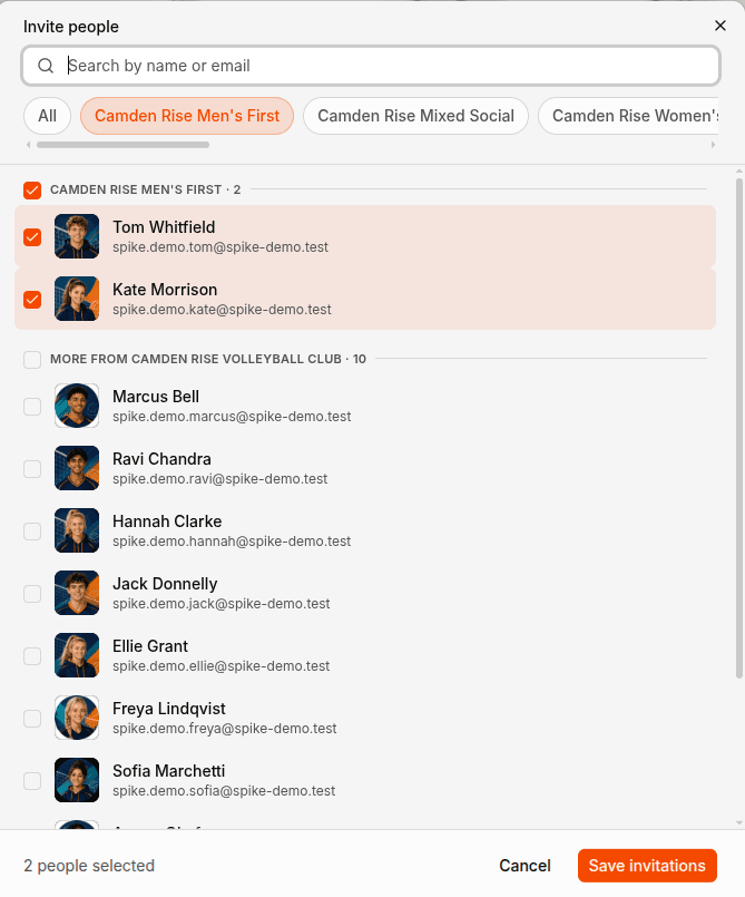 The invite people dialog with a team's members already ticked, and the rest of the club listed below