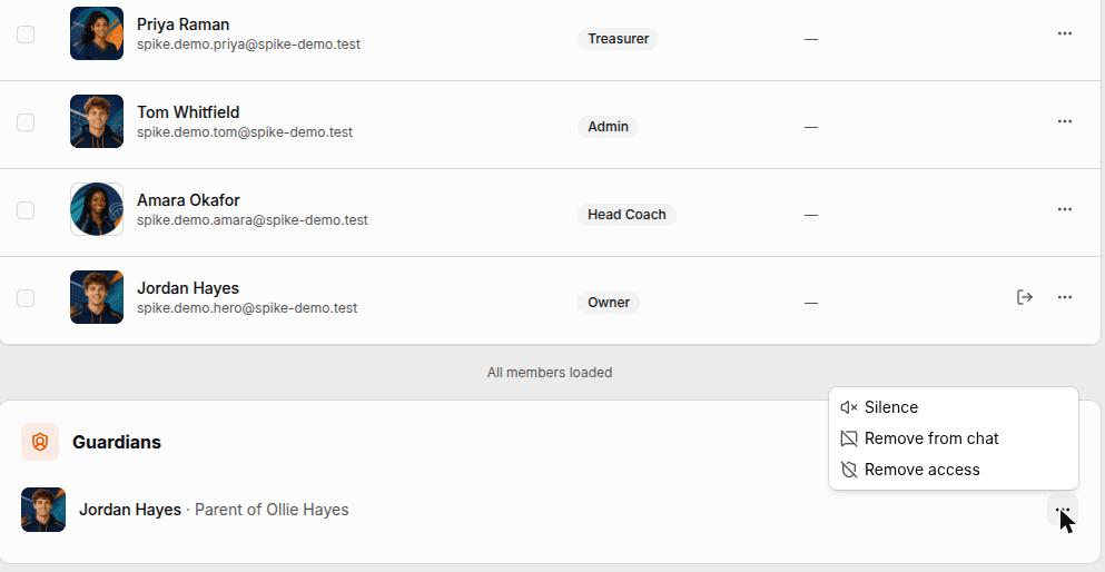 A club members list with a Guardians section below it, naming a parent and offering silence, remove from chat and remove access