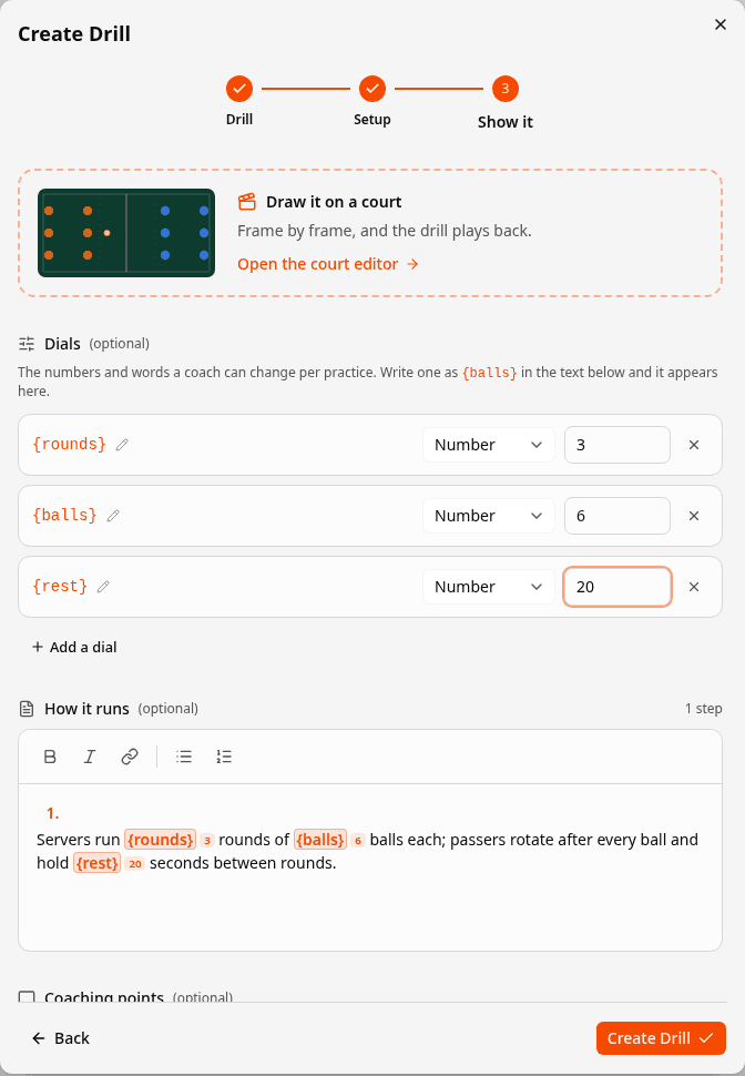 The drill editor: three dials named rounds, balls and rest with values 3, 6 and 20, and the instructions below showing each token highlighted with its value beside it