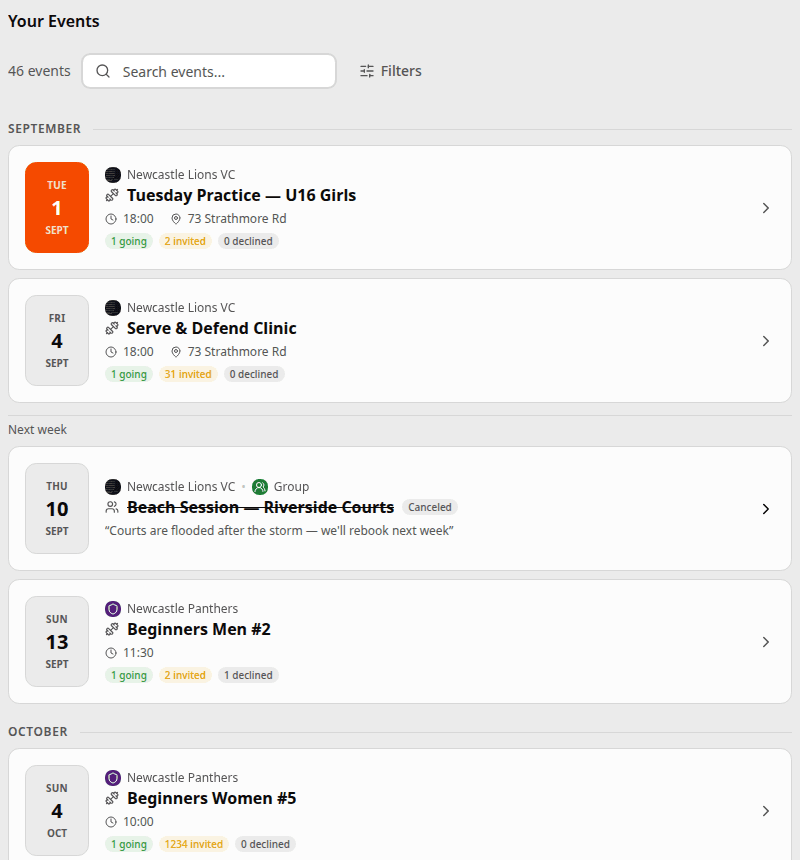 An events list grouped by week, each row leading with its date, and a cancelled row struck through with its reason quoted underneath