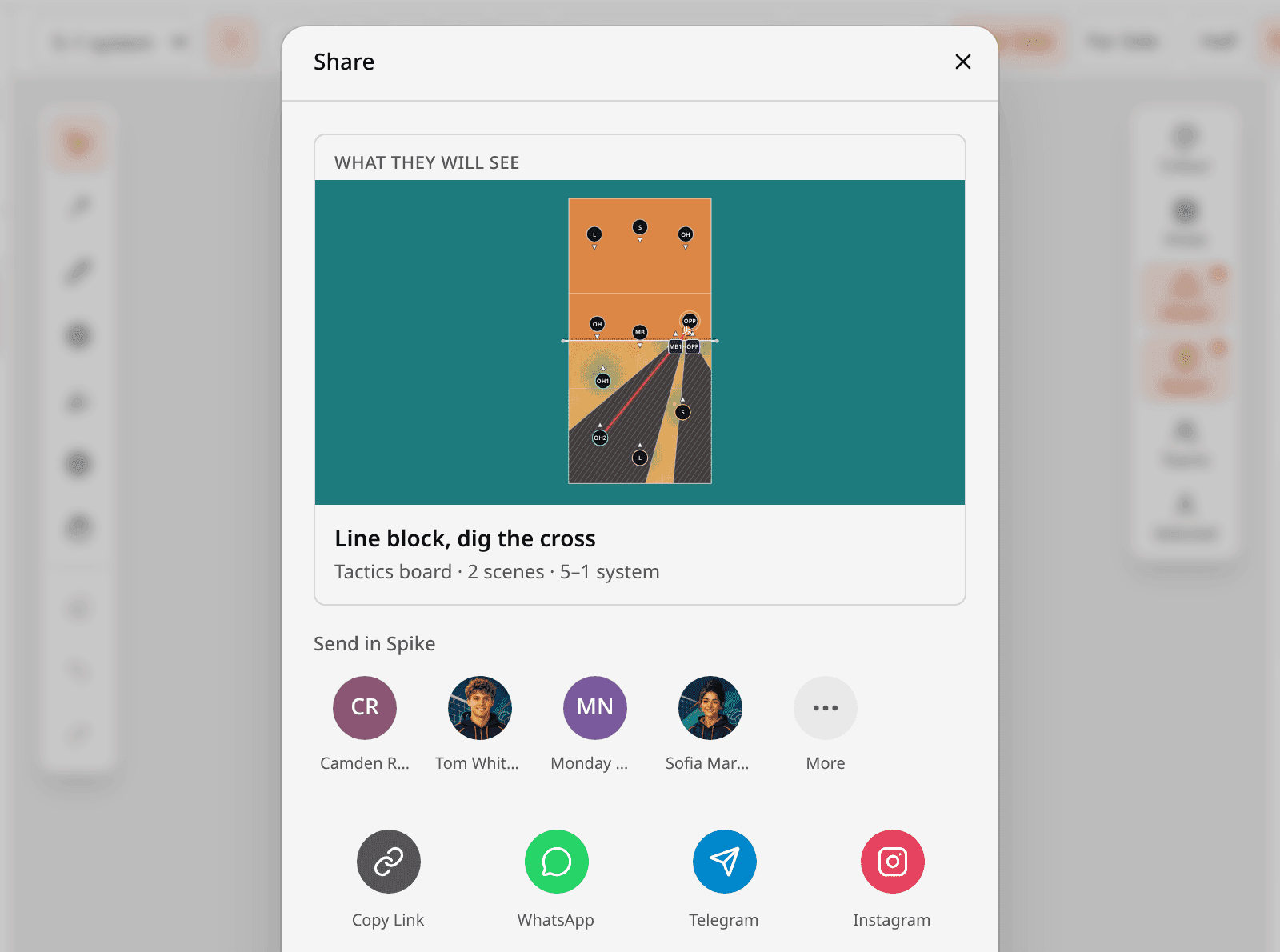 The Share sheet for a tactics board. A panel headed What they will see shows the court with the players by position, the board name and its two scenes. Below it, a row of Spike chats to send it to, then Copy Link, WhatsApp, Telegram and Instagram