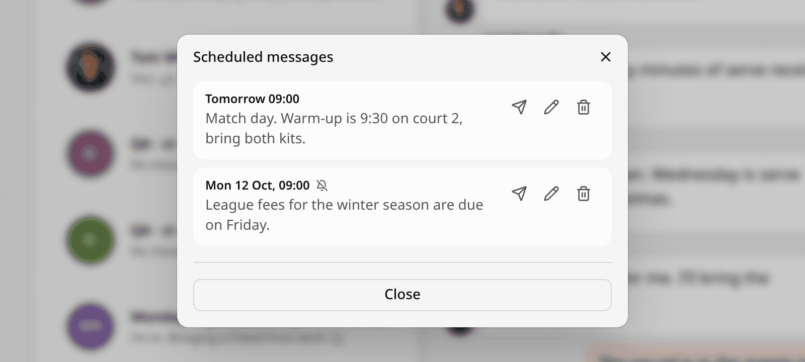 The Scheduled messages list of a chat with two messages waiting: one for tomorrow at 09:00, and one for Monday at 09:00 marked with a crossed-out bell for no sound. Each has buttons to send now, edit and delete