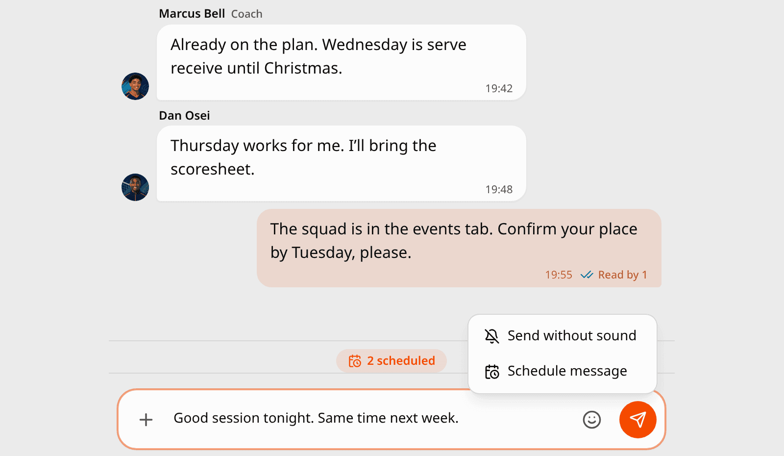 A group chat with a message typed in the box and a small menu open above the send button, offering Send without sound and Schedule message. A chip above the box says 2 scheduled