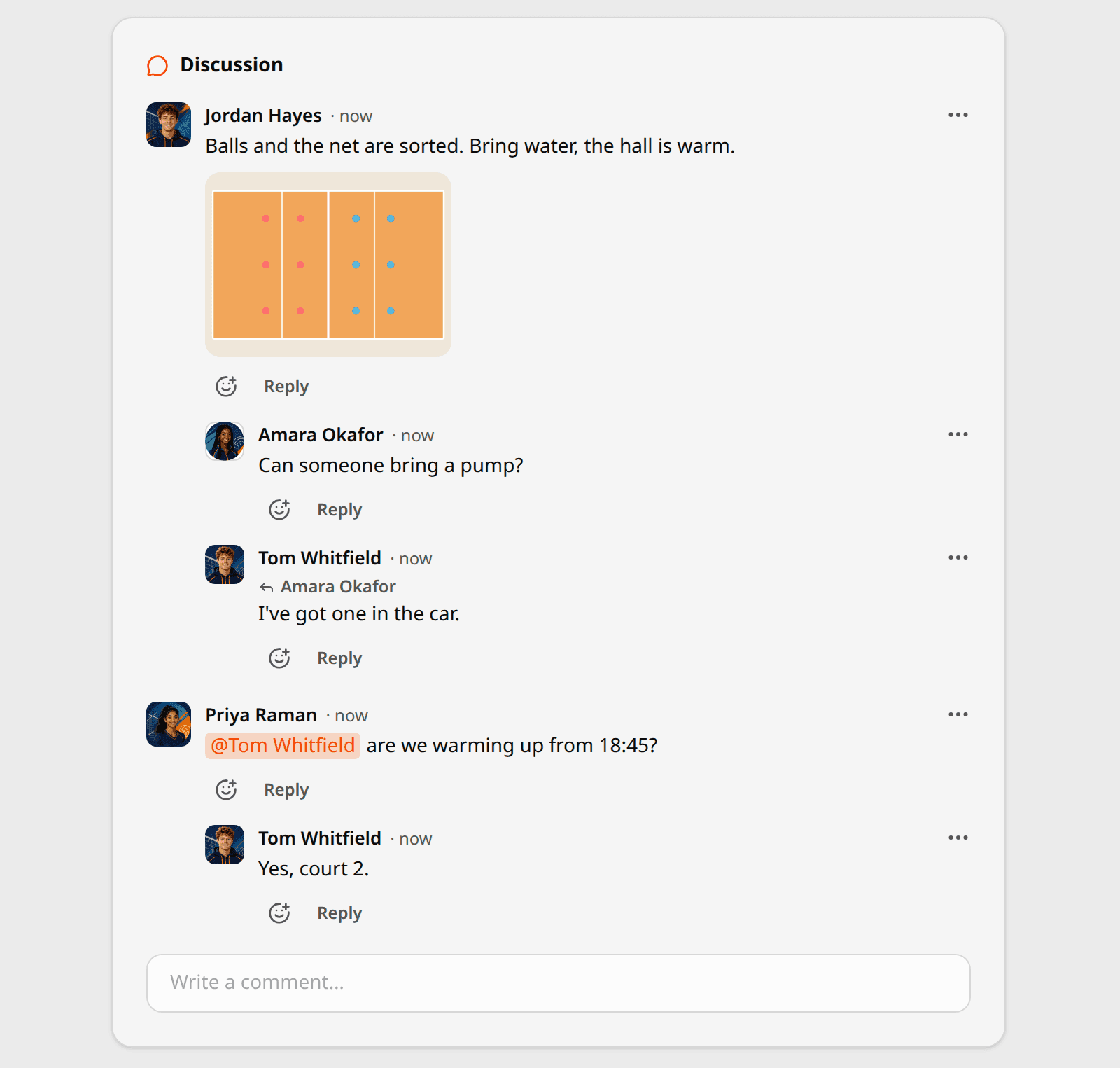 The Discussion section of an event: a comment with a picture of a court attached, two replies beneath it with the second one marked as an answer to the first, and another comment that mentions a player, whose name shows as an orange tag