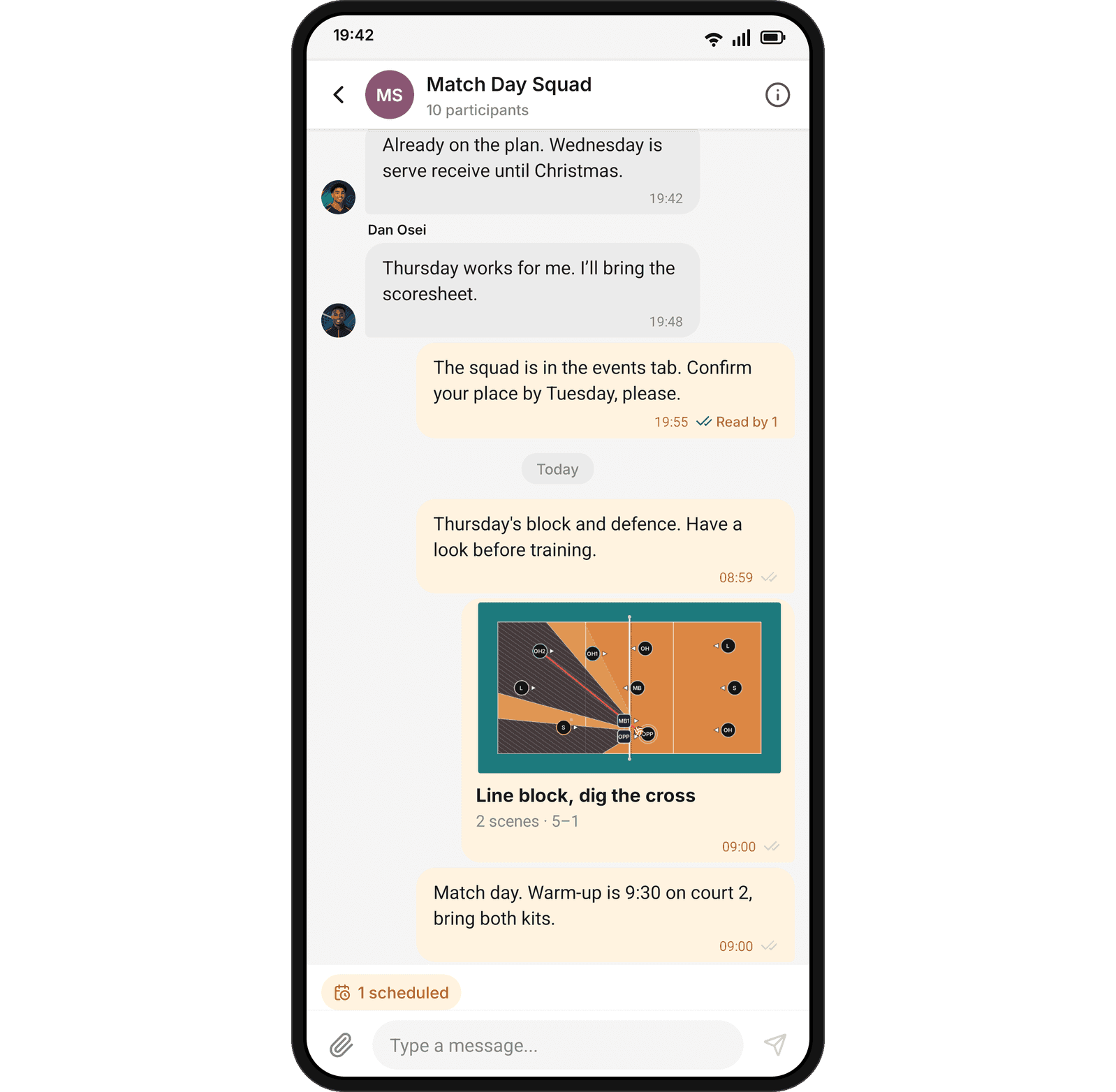 A group chat on a phone where a shared tactics board appears as a card: the court on its side with both teams’ players, the board name Line block, dig the cross, and 2 scenes and the 5-1 system underneath