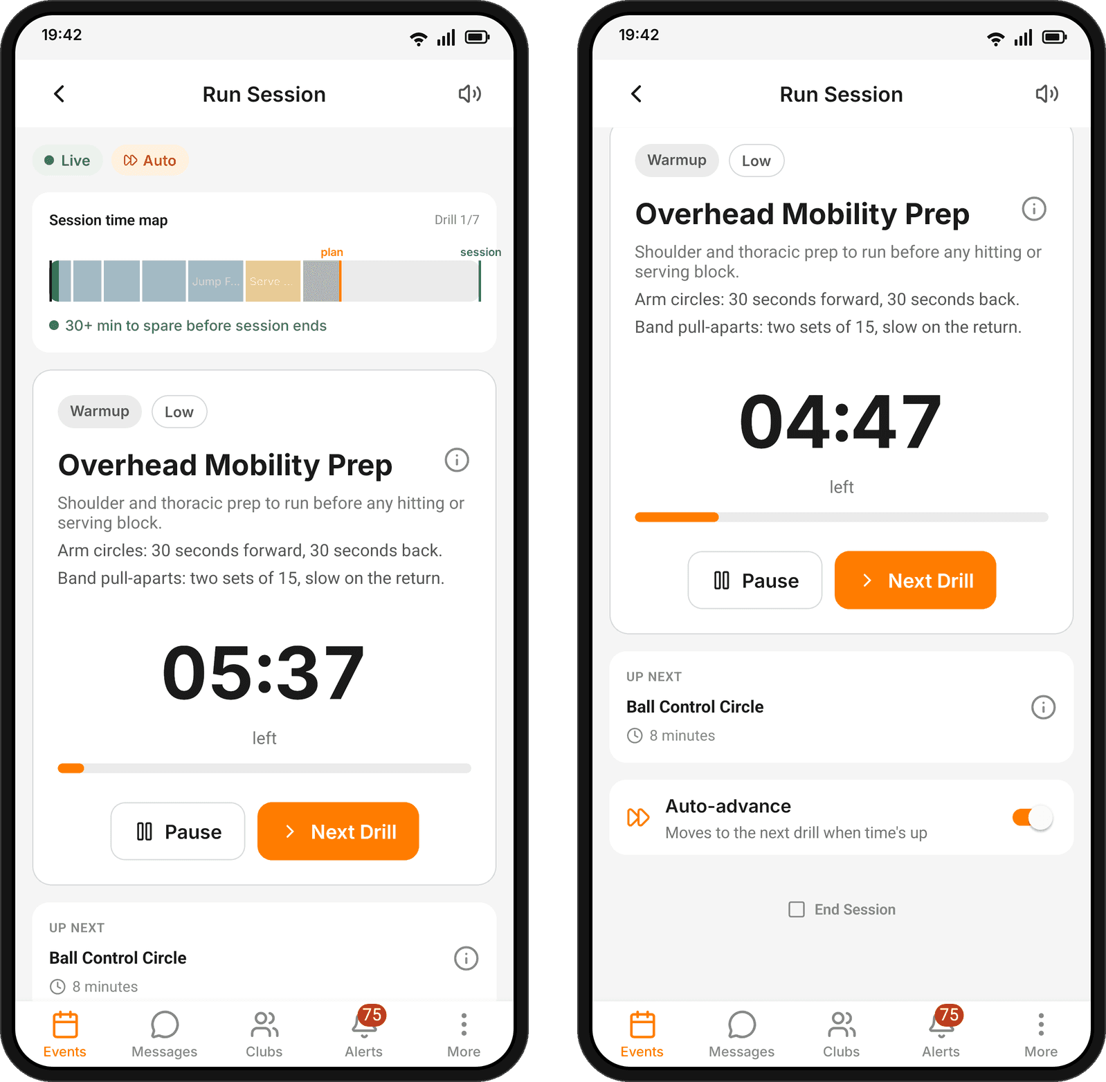 Two phone screens of a running training session. The first shows Live and Auto chips, a time map of the session, the drill Overhead Mobility Prep with a countdown, and Pause and Next Drill buttons. The second shows the next drill and the Auto-advance switch turned on, with End Session below