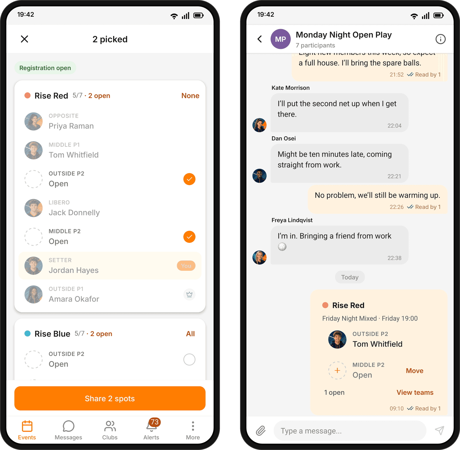 Two phone screens. On the first, the Teams screen in picking mode: two open spots of Rise Red are ticked and a button says Share 2 spots. On the second, a group chat where the spots arrived as a card naming the team and the game: one spot now shows the player who took it, the other is still open, and a link says View teams