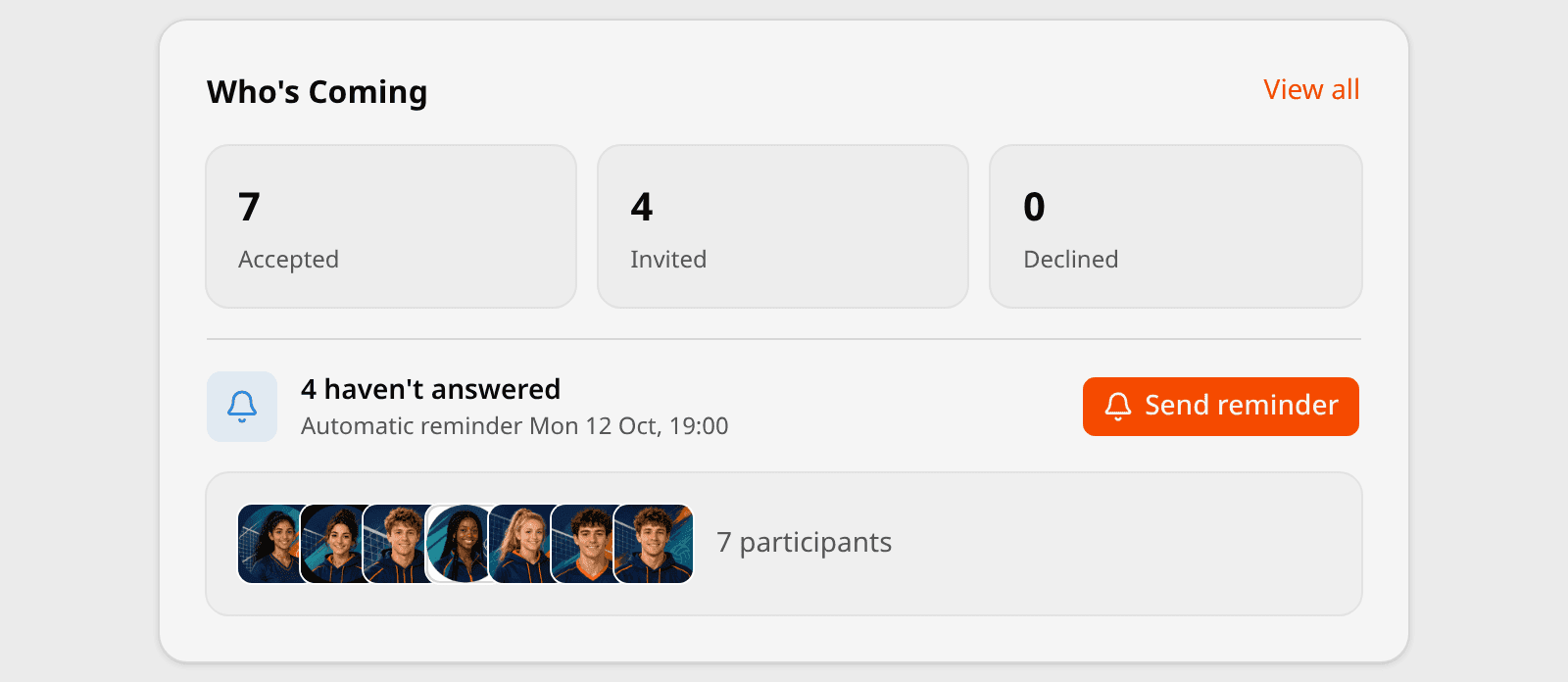 The Who is coming card of an event: 7 accepted, 4 invited, 0 declined. Below, a line says 4 have not answered and that an automatic reminder goes out on Monday at 19:00, next to a Send reminder button