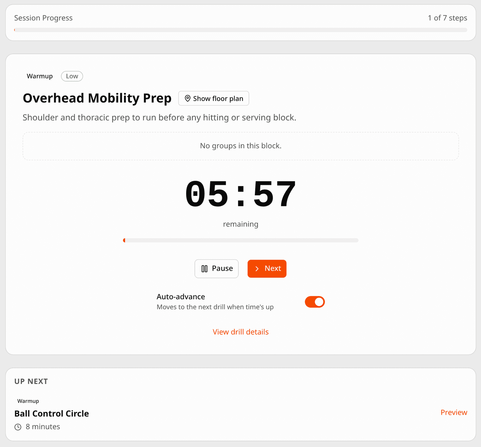A training session running on the web: step 1 of 7, the drill Overhead Mobility Prep with a countdown at 05:57, Pause and Next buttons, the Auto-advance switch turned on with the note Moves to the next drill when time is up, and the next drill listed underneath