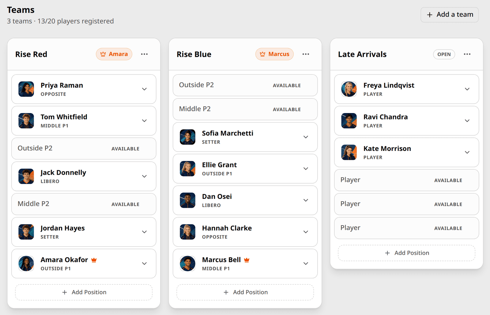 The Teams tab of a casual game: three teams side by side, 13 of 20 spots taken. Two teams list positions such as setter, libero and middle, each with a captain marked by a crown; the third is marked Open and has plain player spots. Taken spots show the player's photo and name, and free ones say Available