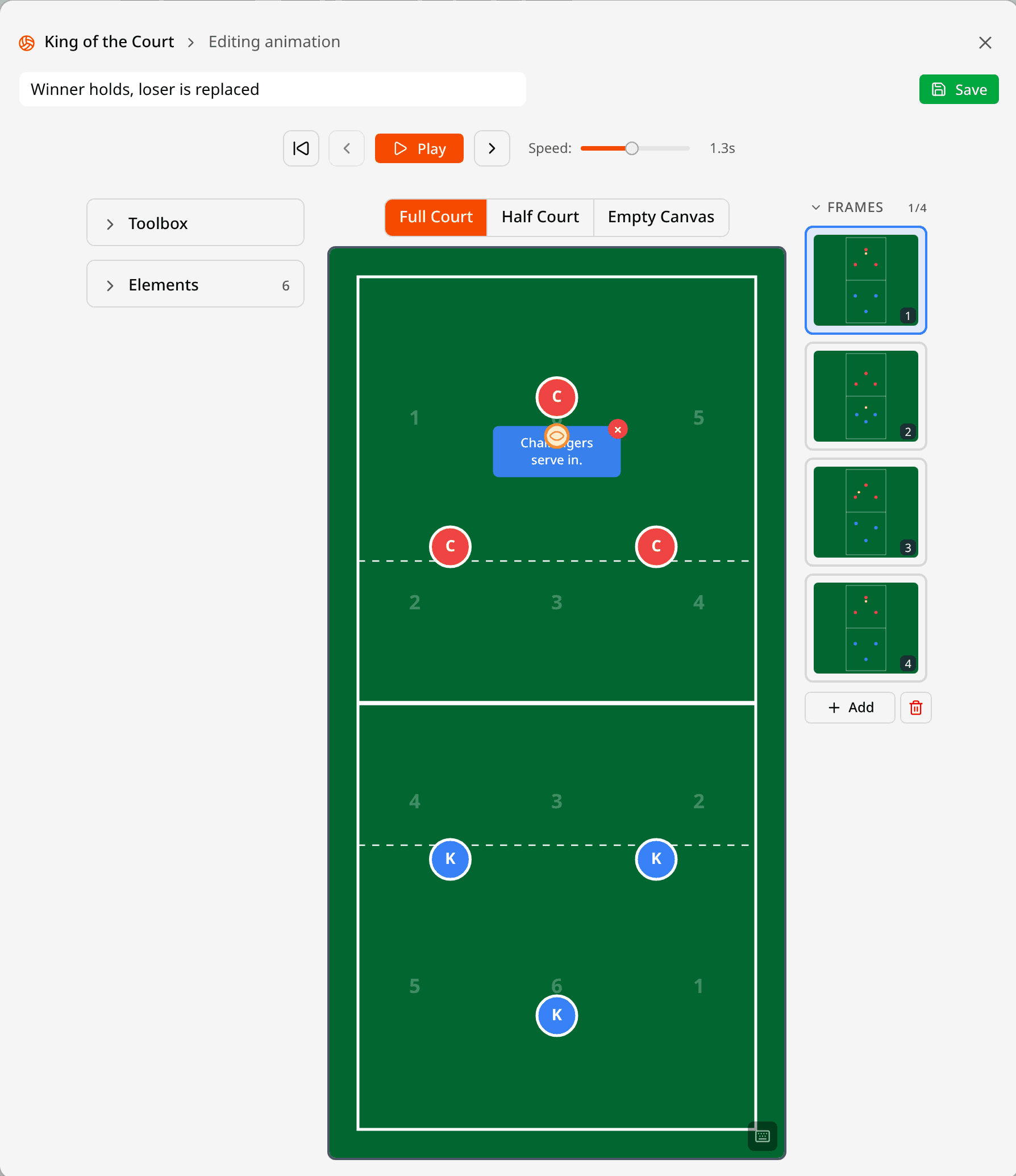 The court editor: a full-court view with three kings on one side and three challengers on the other, a note reading Challengers serve in, playback controls with a speed slider, a toolbox and elements panel, and four frame thumbnails down the right