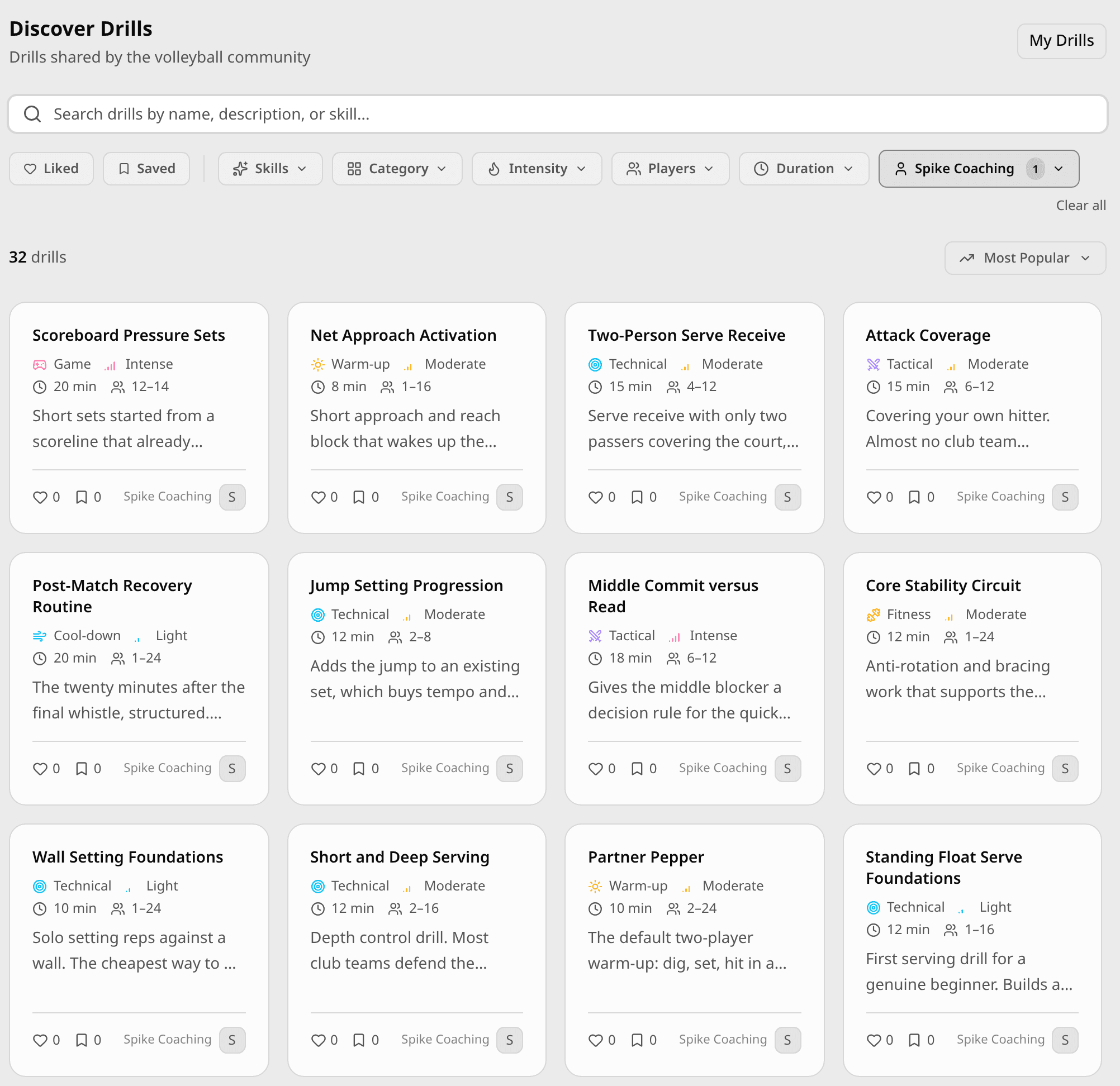 The Discover Drills page: a search box, filter buttons for skills, category, intensity, players, duration and author, and a grid of drill cards each showing category, intensity, duration and player count