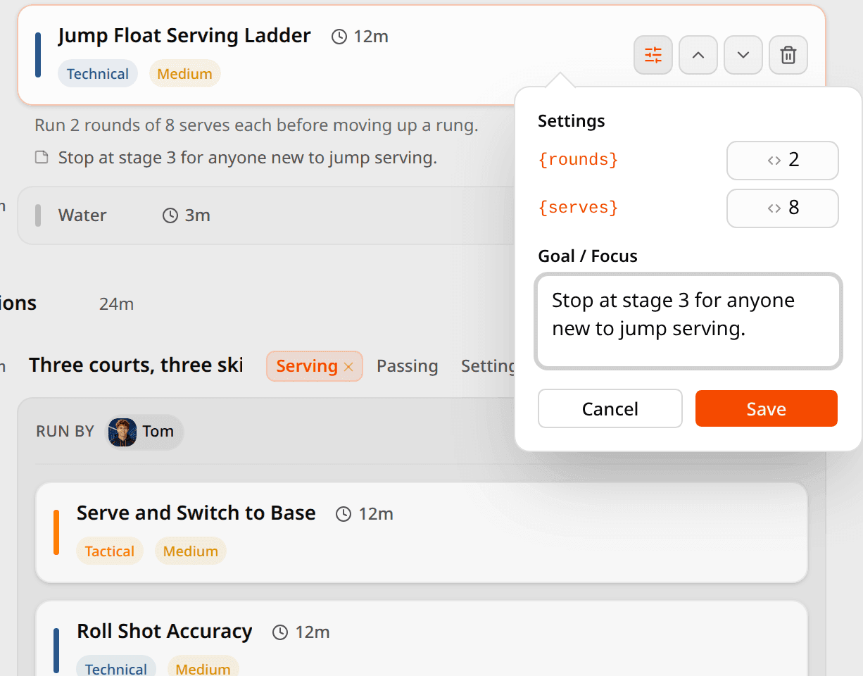 A plan row for Jump Float Serving Ladder with its settings popover open: rounds set to 2, serves set to 8, and a Goal / Focus note reading Stop at stage 3 for anyone new to jump serving