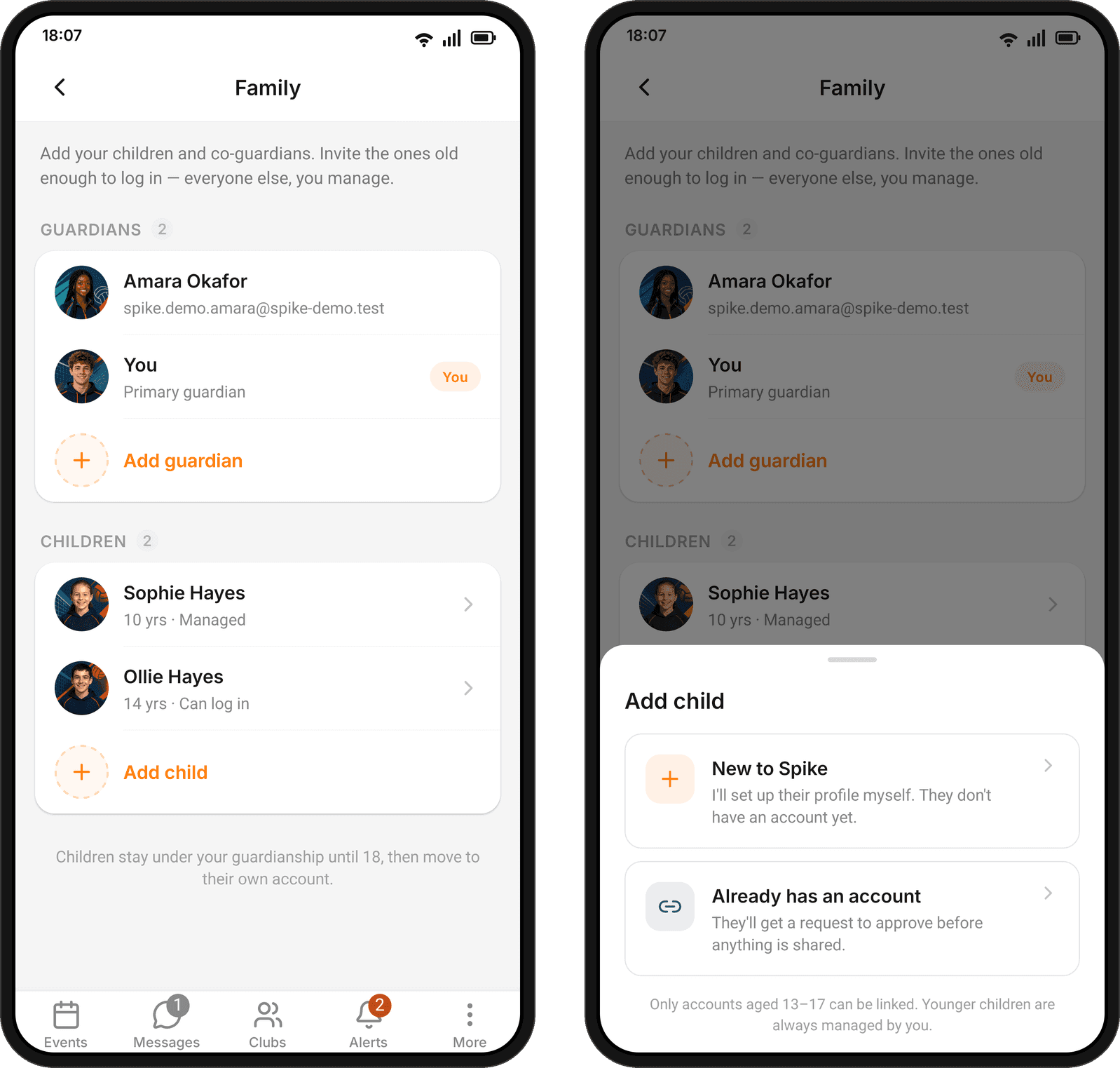 Two phones. Left: the Family screen with a Guardians section listing Amara Okafor and You as primary guardian, and a Children section listing Sophie, 10 years old and managed, and Ollie, 14 and able to log in. Right: the Add child sheet offering New to Spike or Already has an account