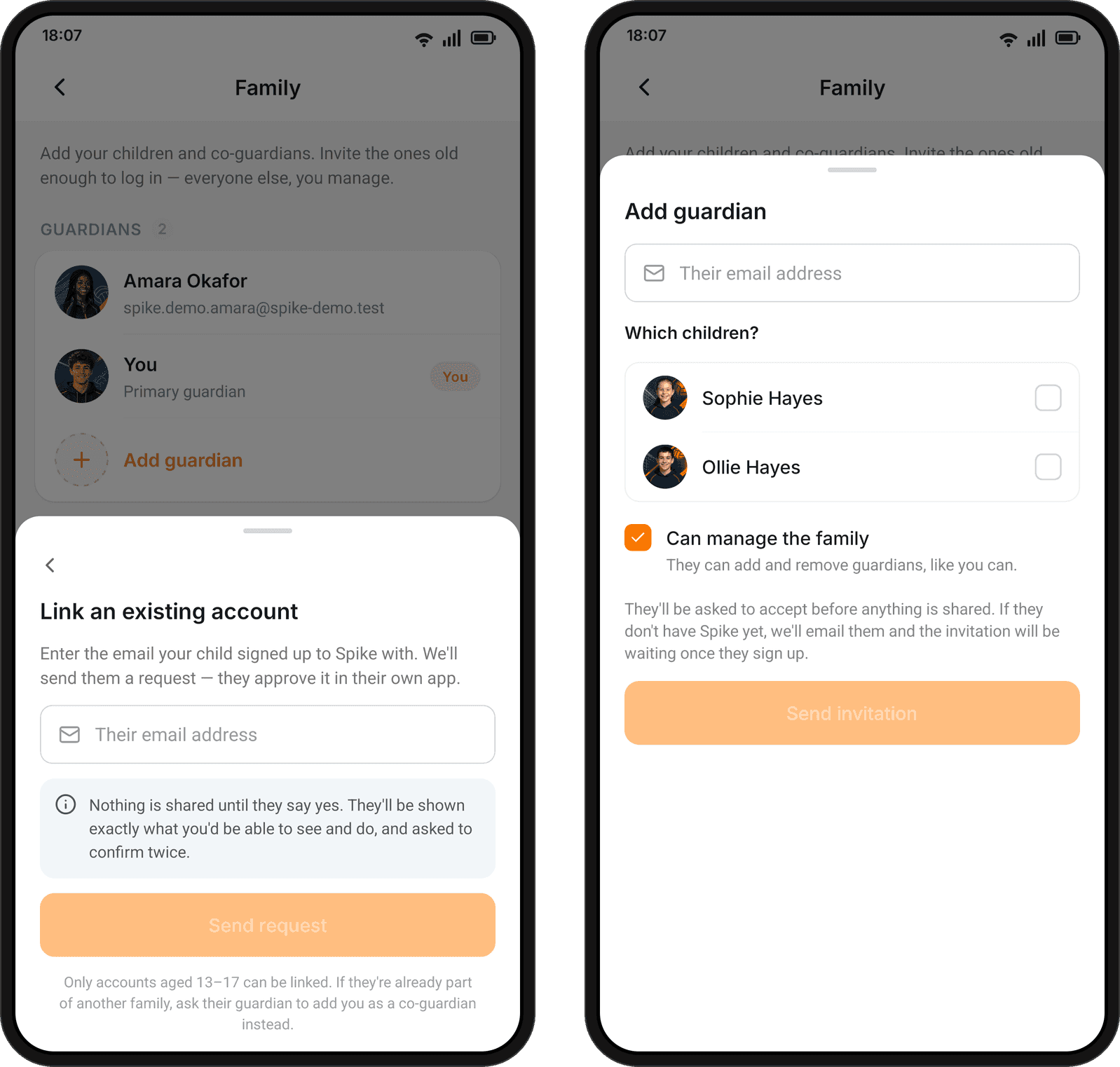Two phones. Left: Link an existing account, asking for the email the child signed up with, with a note that nothing is shared until they say yes. Right: Add guardian, asking for an email, which children they help with, and a ticked Can manage the family box