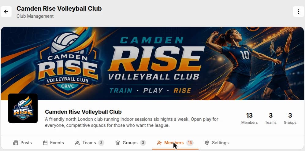 A volleyball club page in Spike showing the club crest, description, and counts of 13 members, 3 teams and 3 groups