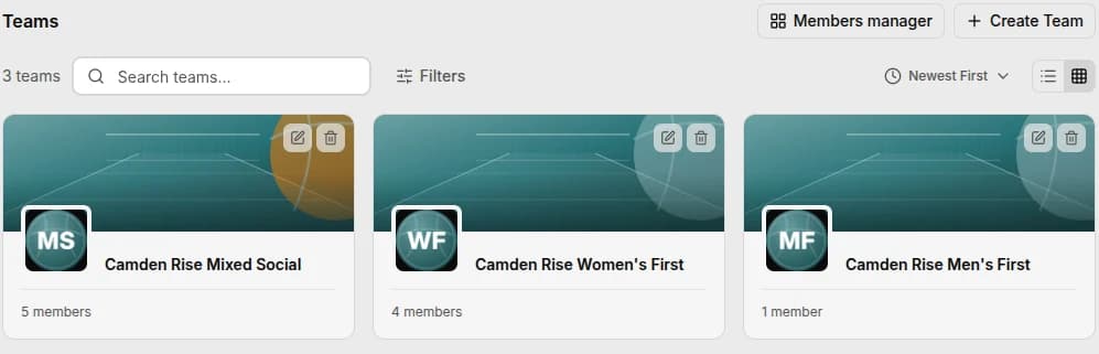 Three teams inside one Spike club — Camden Rise Mixed Social, Women's First and Men's First — each showing its own member count