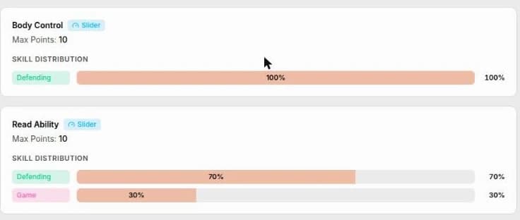 Evaluation metrics in Spike — two metrics from a defensive reaction drill, each showing its type and maximum points with a skill-distribution bar underneath: body control at 100% defending, and read ability split 70% defending and 30% game