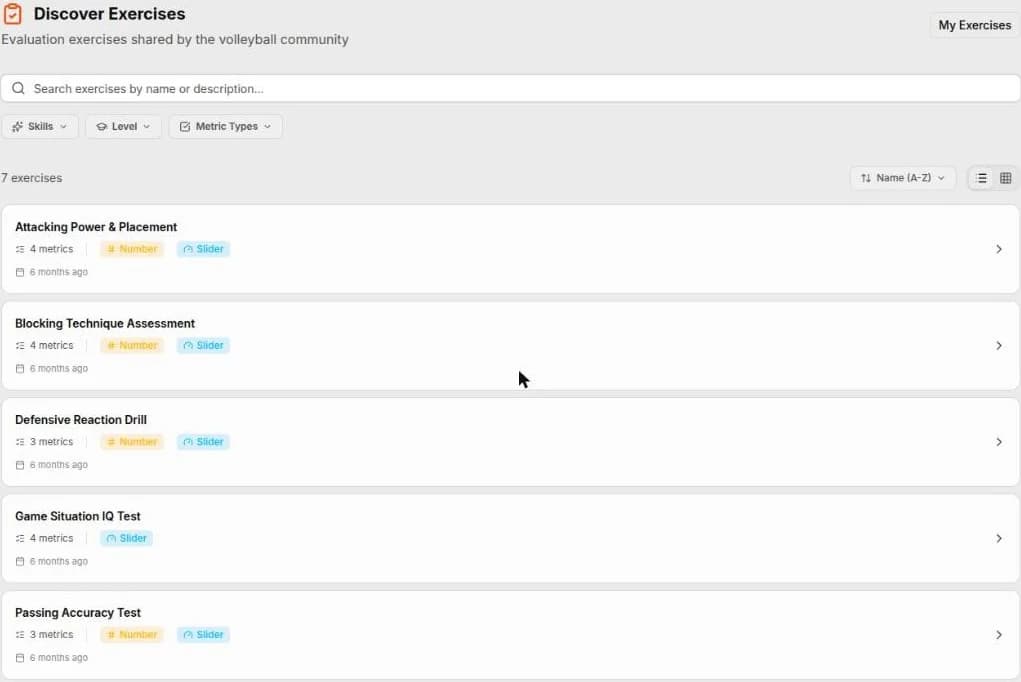The shared evaluation exercise library in Spike — seven exercises including attacking power and placement, blocking technique assessment and passing accuracy test, each listed with its number of metrics and the metric types it uses