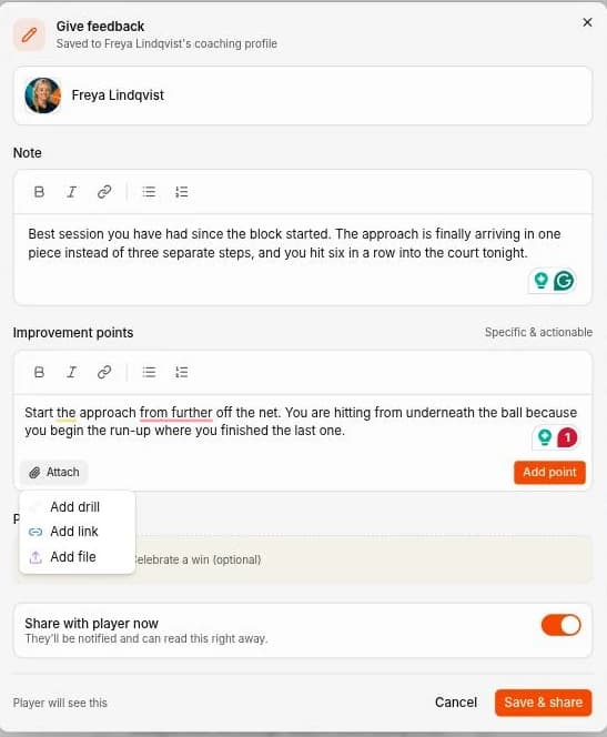 The attach menu on an improvement point in Spike, offering three options: add drill, add link, and add file