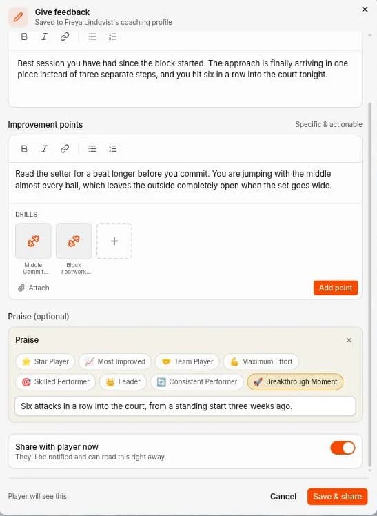 Writing feedback in Spike — a rich-text note, an improvement point with two drills attached beneath it, an attach control, a praise section with eight badges where Breakthrough Moment is selected and a message written under it, and a share-with-player-now toggle