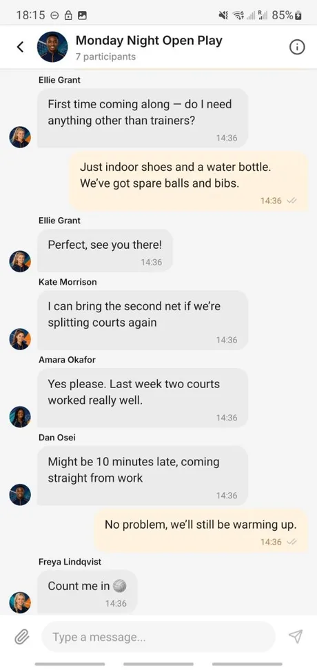 A group conversation in the Spike app between club members arranging a session