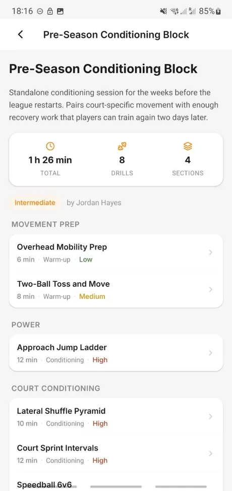 A training plan in the Spike app broken into warm-up, power and conditioning blocks