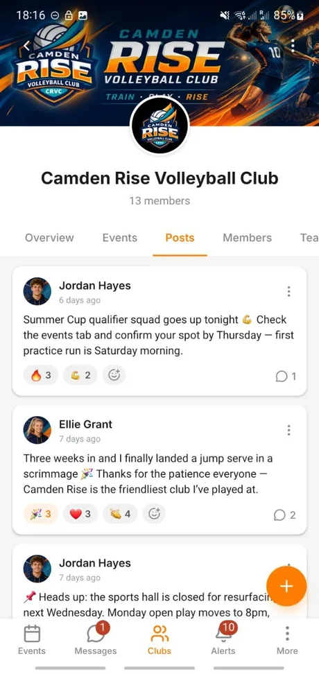 A club feed in the Spike app with posts from members, reactions and comments