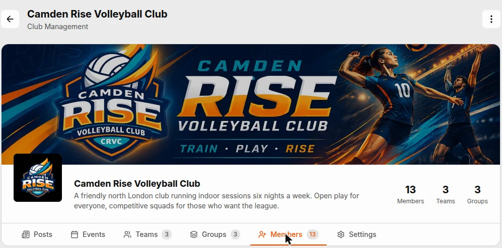A volleyball club page in Spike showing the club crest, description, and counts of 13 members, 3 teams and 3 groups