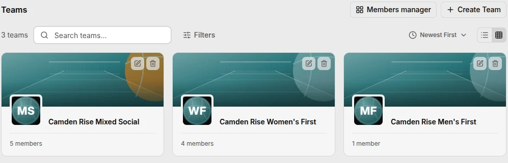 Three teams inside one Spike club — Camden Rise Mixed Social, Women's First and Men's First — each showing its own member count
