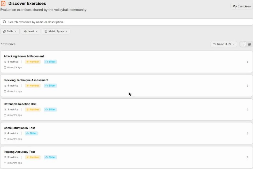 The shared evaluation exercise library in Spike — seven exercises including attacking power and placement, blocking technique assessment and passing accuracy test, each listed with its number of metrics and the metric types it uses