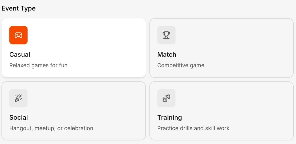 Choosing an event type in Spike — four cards: Casual for relaxed games, Match for a competitive game, Social for a hangout or celebration, and Training for practice drills and skill work