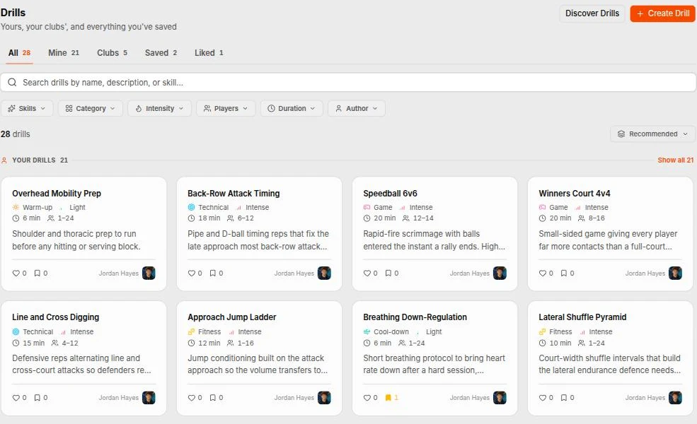 The drills library in Spike — tabs for all, mine, clubs, saved and liked, filters for skills, category, intensity, players and duration, and drill cards grouped under Your Drills showing category, intensity, duration and player range