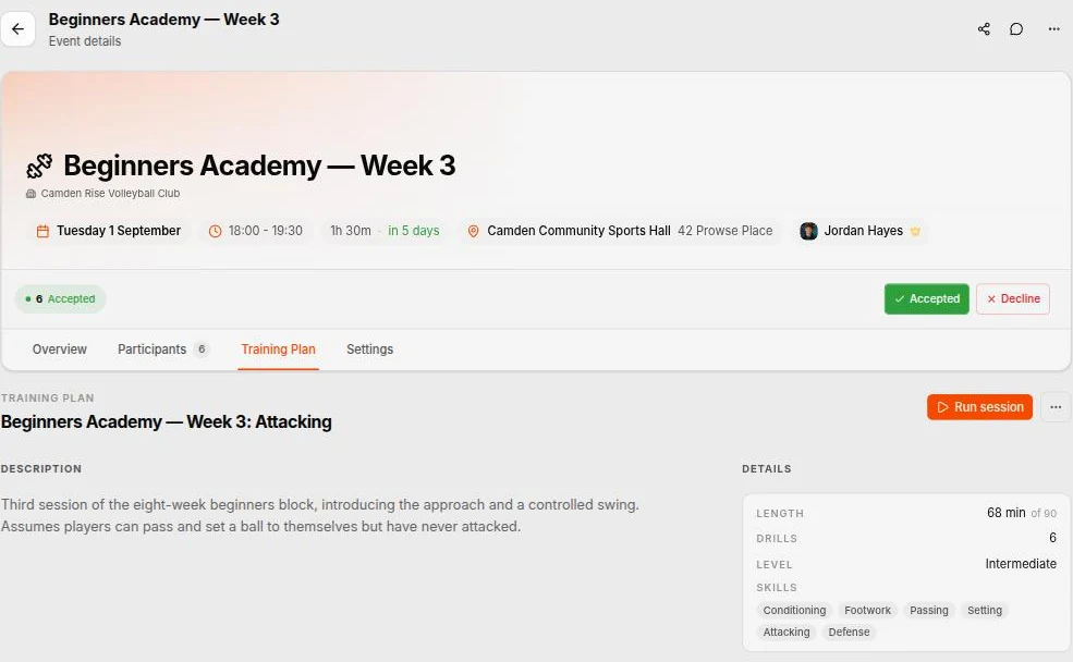 A training event in Spike with a plan attached — the event header with date, time, venue and organiser, a Training Plan tab, the attached plan with a Run session button, and details showing 68 minutes of a 90 minute session across 6 drills